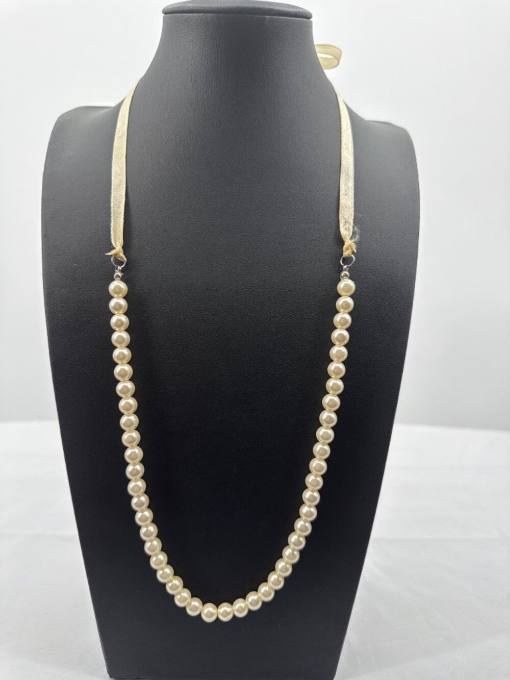 Vintage Cream Faux Pearl Ribbon Choker Necklace Gold Tie Coquette Romantic